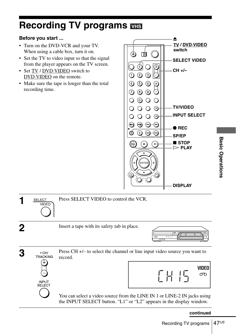 Recording tv programs, T vide | Sony SLV-D570H User Manual | Page 47 / 140