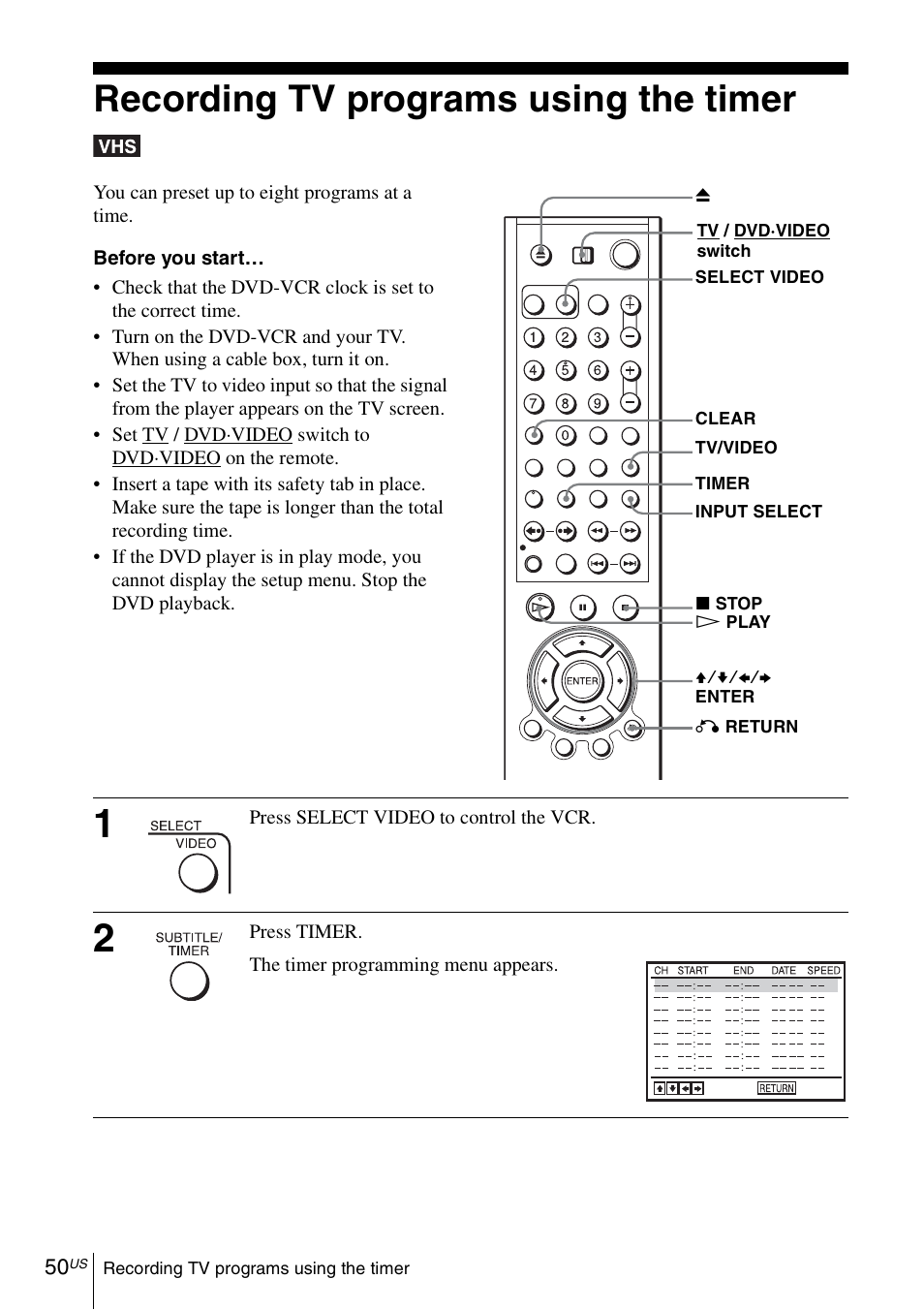 Recording tv programs using the timer | Sony SLV-D570H User Manual | Page 50 / 140