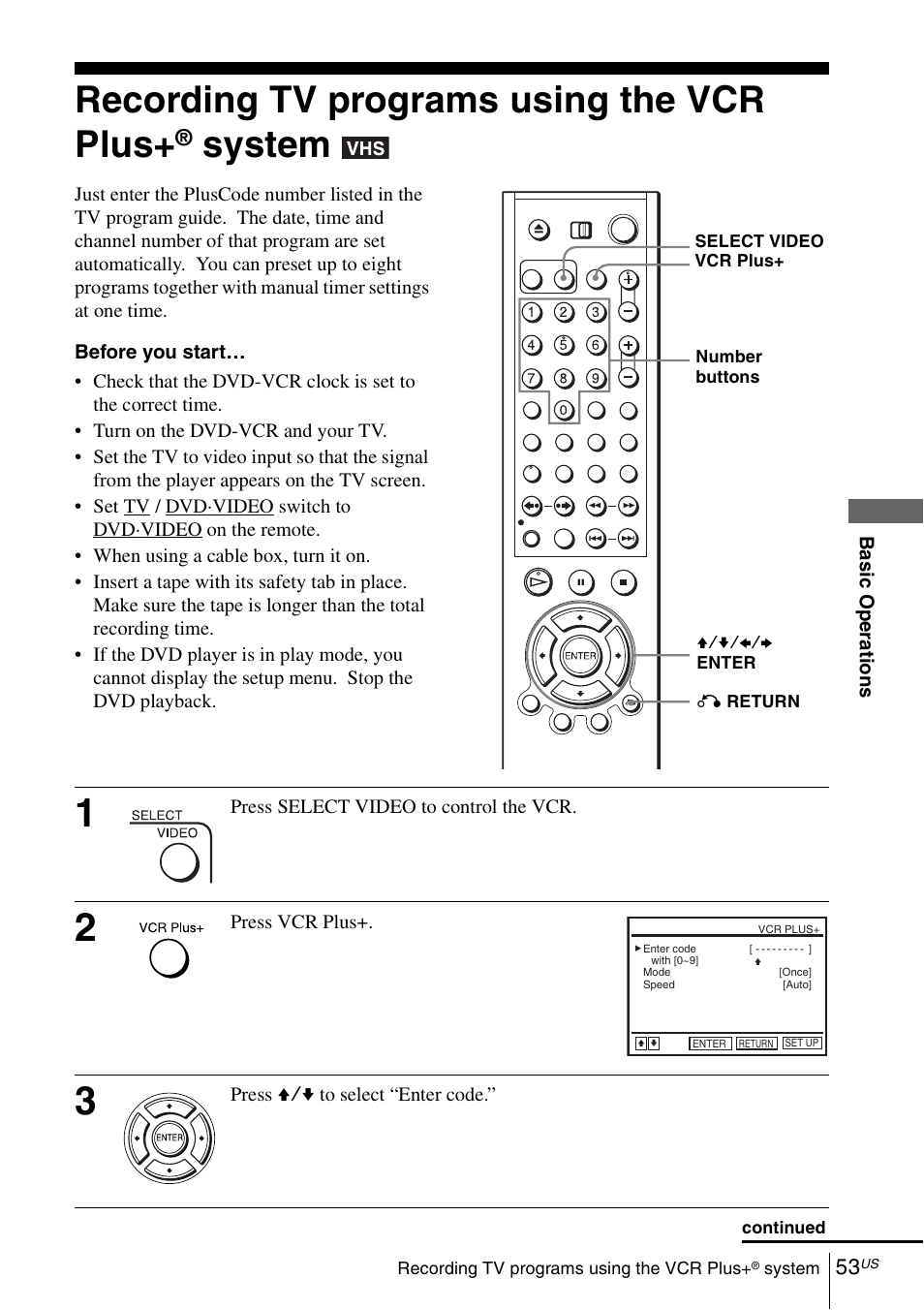 Recording tv programs using the vcr plus+® system, Recording tv programs using the vcr plus, System | Sony SLV-D570H User Manual | Page 53 / 140