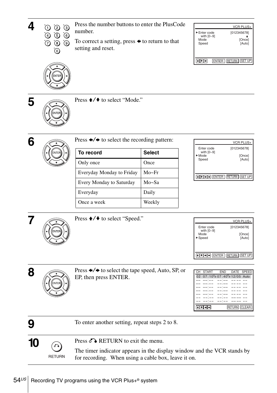 Press v/v to select “mode, Press b/b to select the recording pattern, Press v/v to select “speed | Sony SLV-D570H User Manual | Page 54 / 140