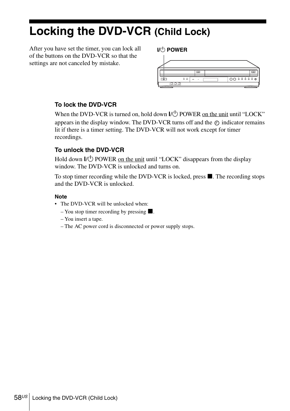 Locking the dvd-vcr (child lock), Locking the dvd-vcr, Child lock) | Sony SLV-D570H User Manual | Page 58 / 140