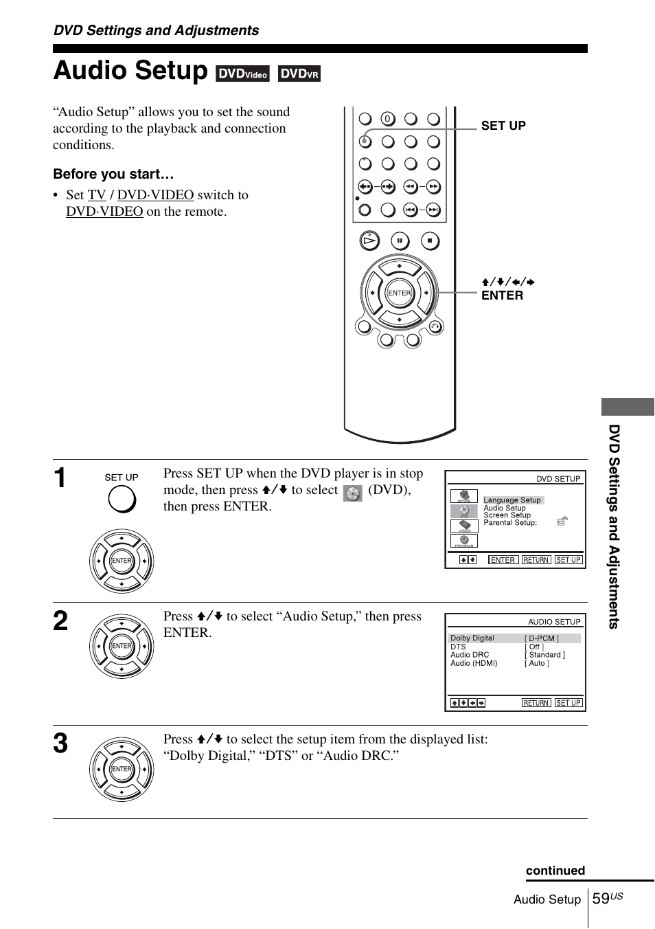 Dvd settings and adjustments, Audio setup | Sony SLV-D570H User Manual | Page 59 / 140