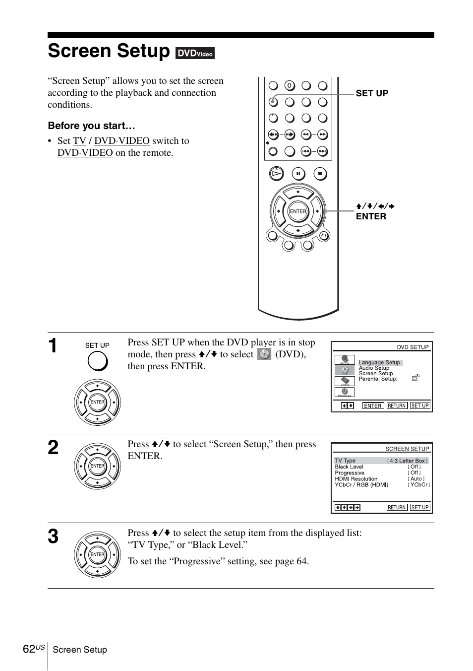 Screen setup | Sony SLV-D570H User Manual | Page 62 / 140