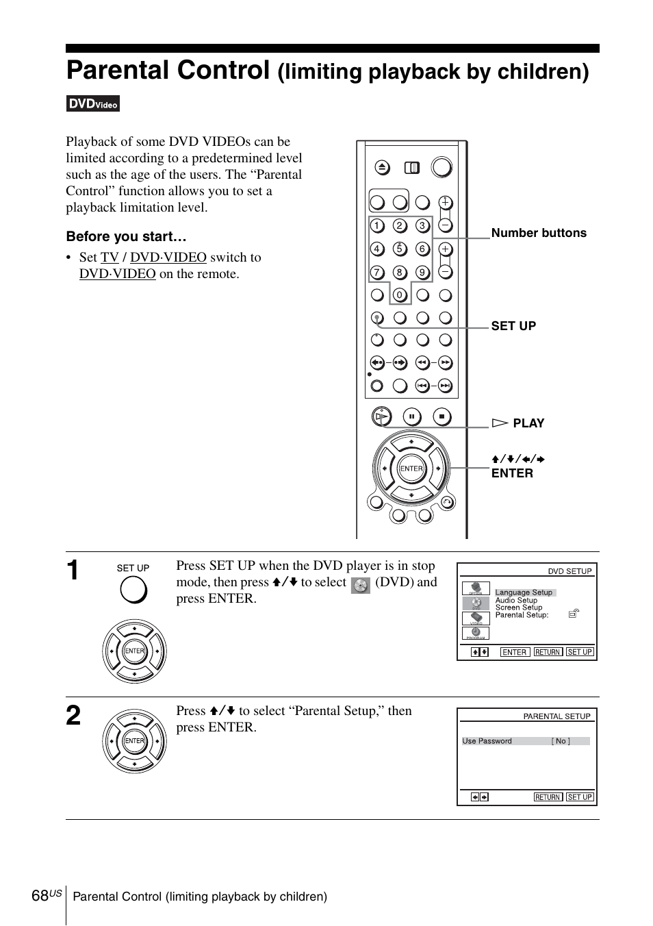 Parental control (limiting playback by children), Parental control, Limiting playback by children) | Sony SLV-D570H User Manual | Page 68 / 140