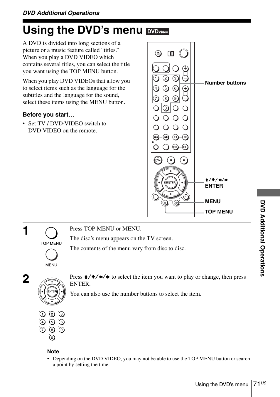 Dvd additional operations, Using the dvd’s menu, Ings and a | Sony SLV-D570H User Manual | Page 71 / 140
