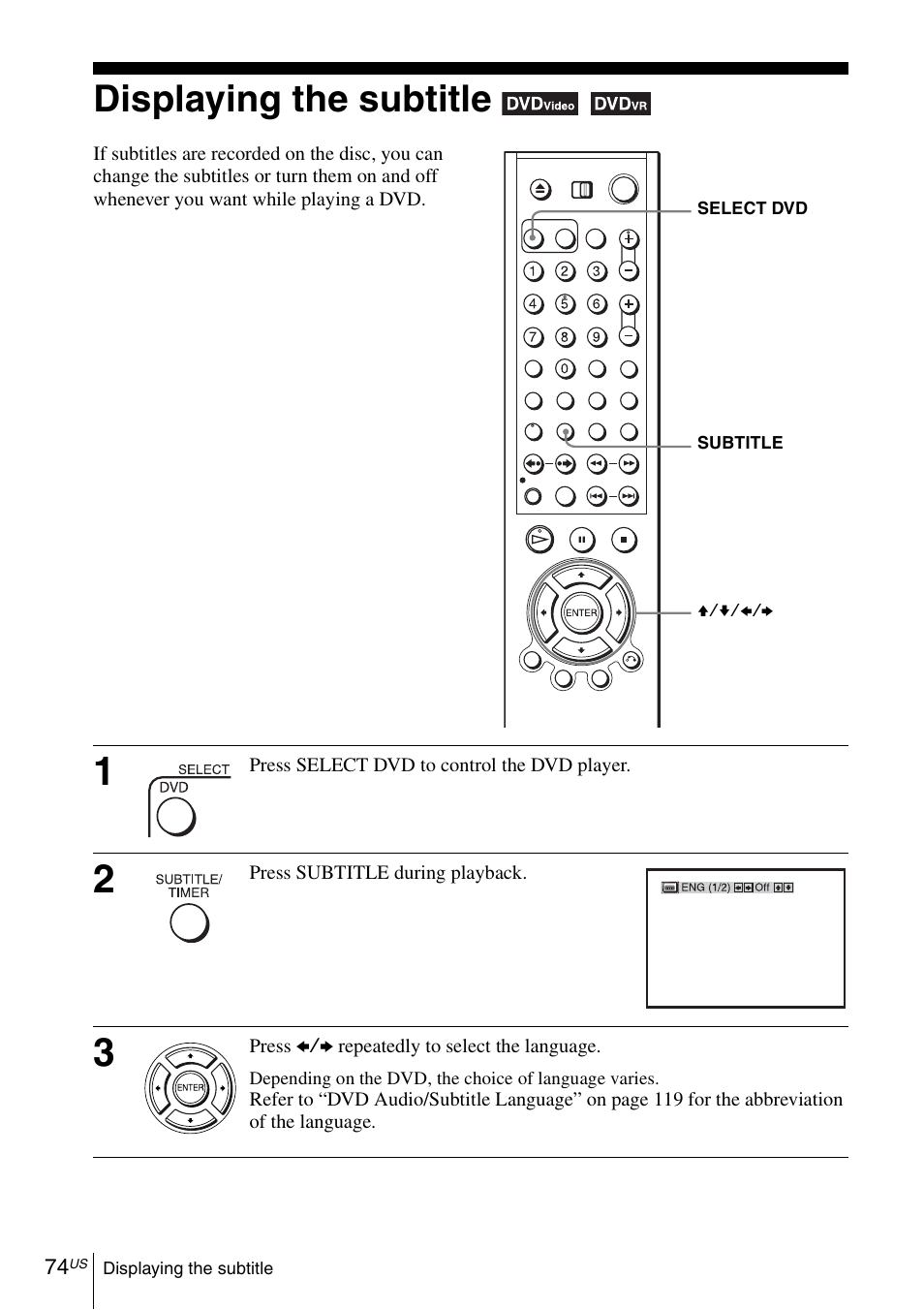 Displaying the subtitle | Sony SLV-D570H User Manual | Page 74 / 140