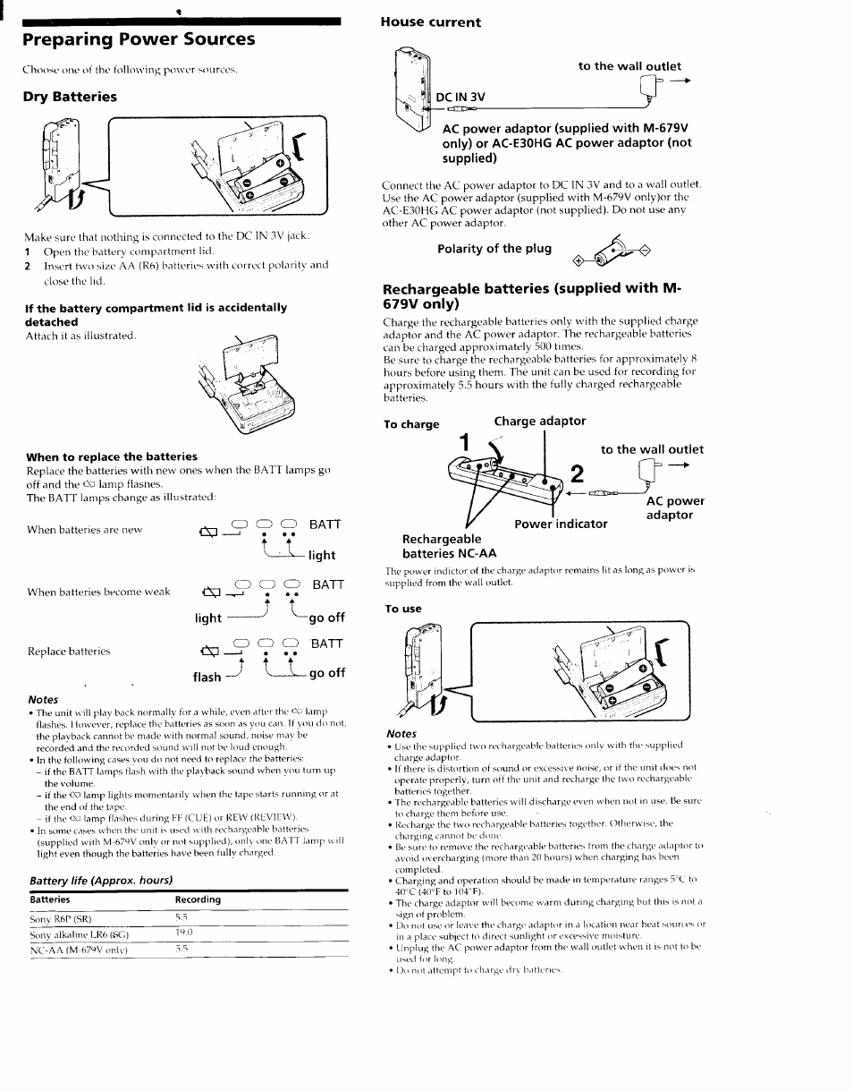 Preparing power sources, Dry batteries, House current | G ht, Go off, To the wall outlet, Polarity of the plug, Charge adaptor, Rechargeable batteries nc-aa, To use | Sony M-729V User Manual | Page 2 / 6
