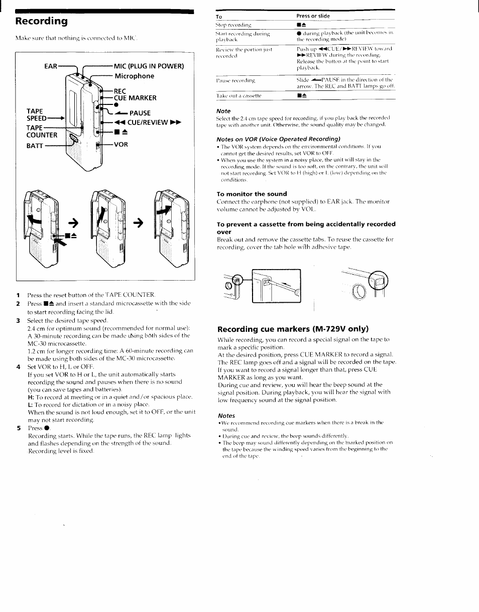 Recording, To monitor the sound, Recording cue markers (m-729v only) | Sony M-729V User Manual | Page 3 / 6