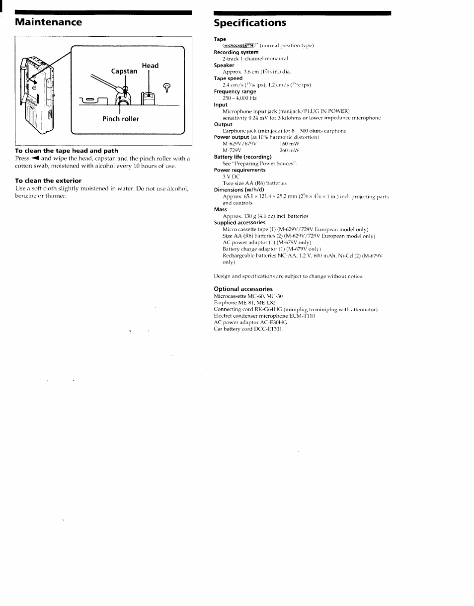 To clean the exterior, Optional accessories, Maintenance specifications | Sony M-729V User Manual | Page 6 / 6