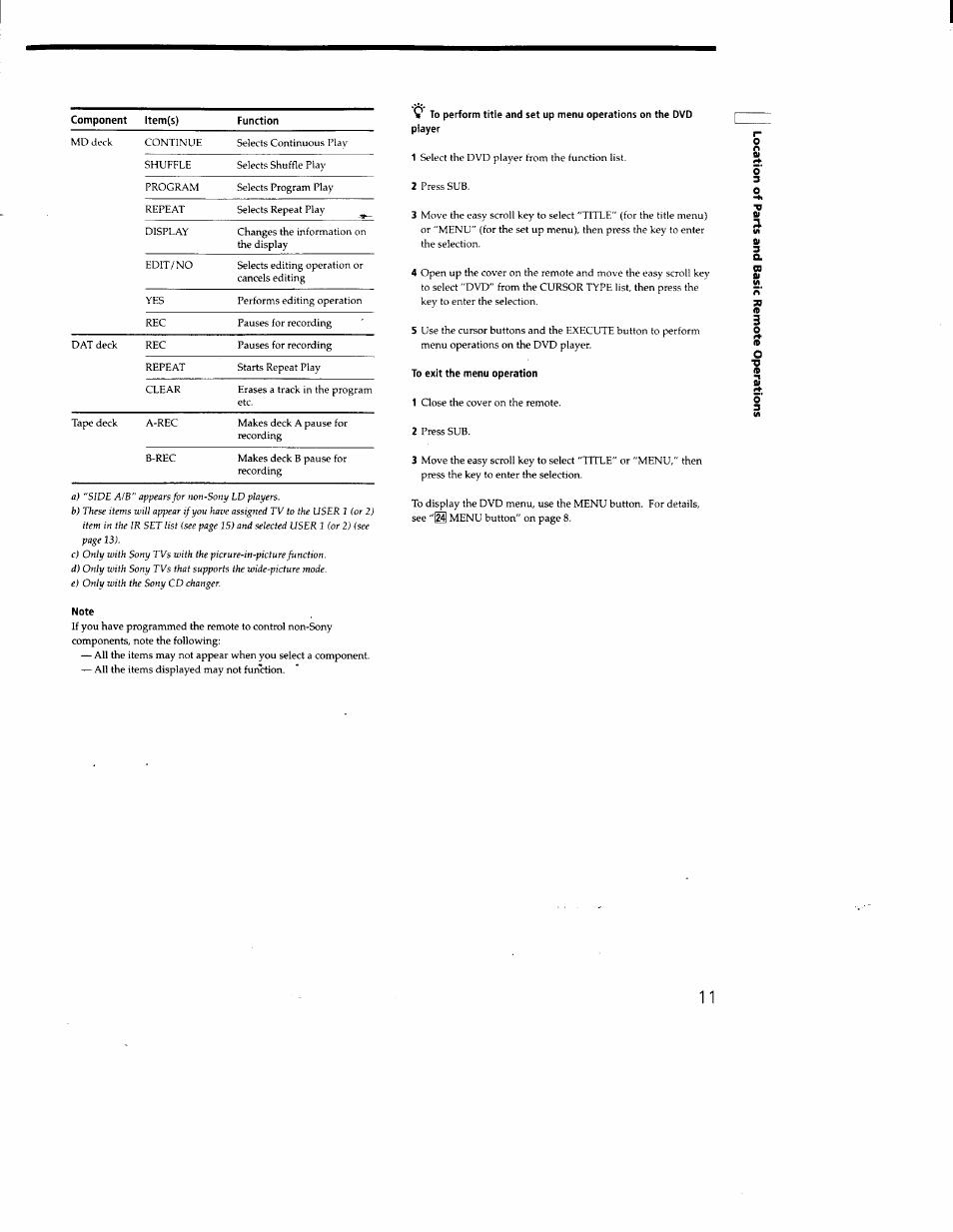 To exit the menu operation, Note | Sony RM-LJ301 User Manual | Page 11 / 19
