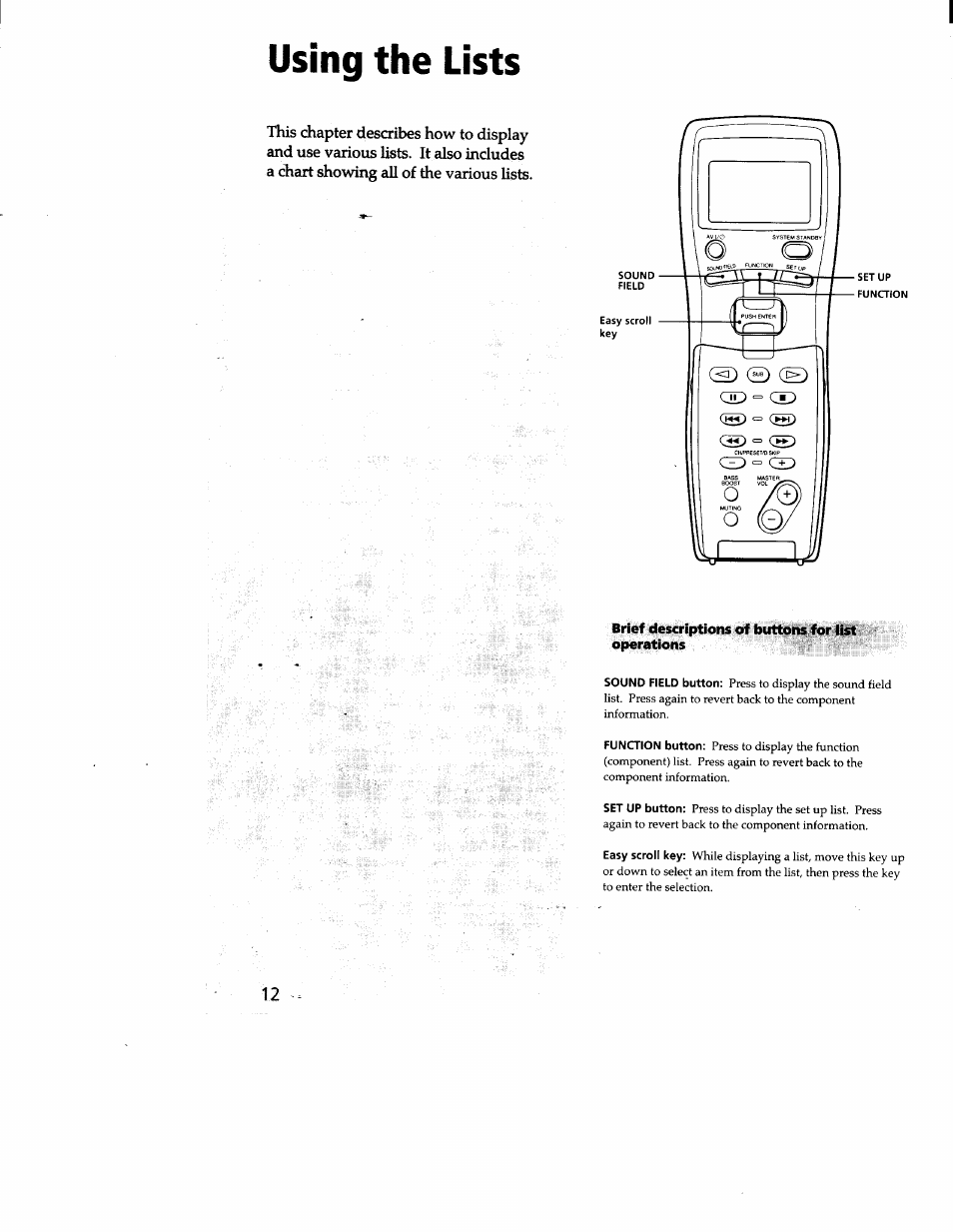 Brief descriptions of buttons for iist operations, Using the lists | Sony RM-LJ301 User Manual | Page 12 / 19