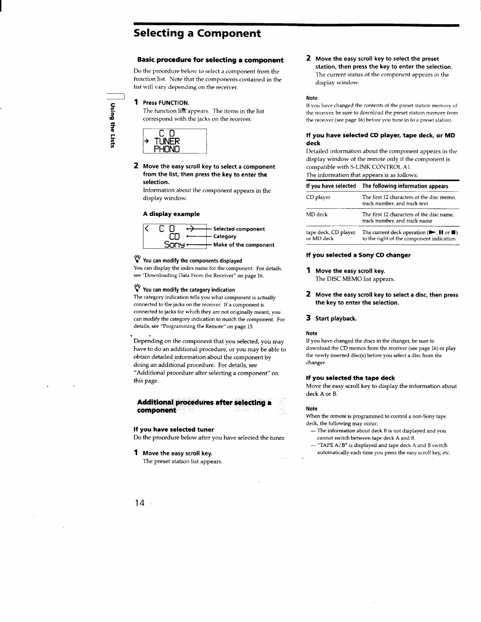 Selecting a component, Basic procedure for selecting a component, 1 press function | 9 you can modify the components displayed, Q you can modify the category indication, Additional procedures after selecting a component, If you have selected tuner, 1 move the easy scroll key, Note, If you selected a sony cd changer | Sony RM-LJ301 User Manual | Page 14 / 19