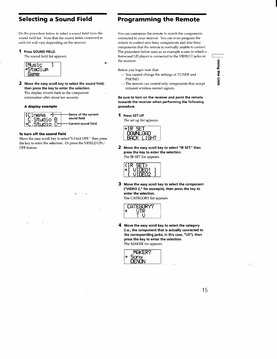 Selecting a sound field, Programming the remote, 1 press sound field | 1 press set up, Selecting a sound field programming the remote, Music ] ^stadium game, Cinema *}- c.studio b ^c. stud io c, I^ir set downlopd back light, Ir set> ^[ uide01 ] [ uided2 | Sony RM-LJ301 User Manual | Page 15 / 19