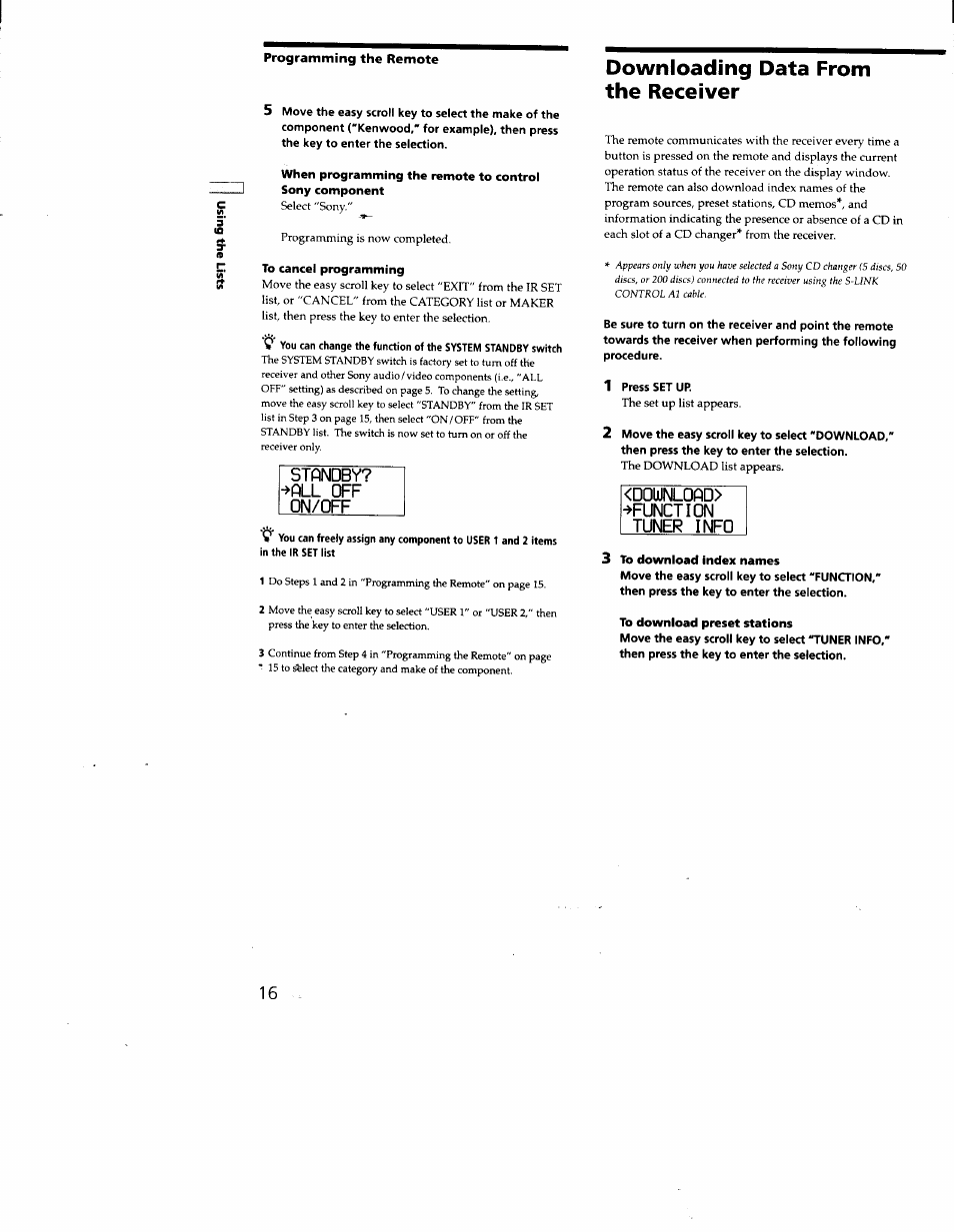 To cancel programming, Downloading data from the receiver, 1 press set up | 3 to download index names, To download preset stations, Standby? ■>all off on/off, D0u)nl0fid> ^function tuner infq | Sony RM-LJ301 User Manual | Page 16 / 19