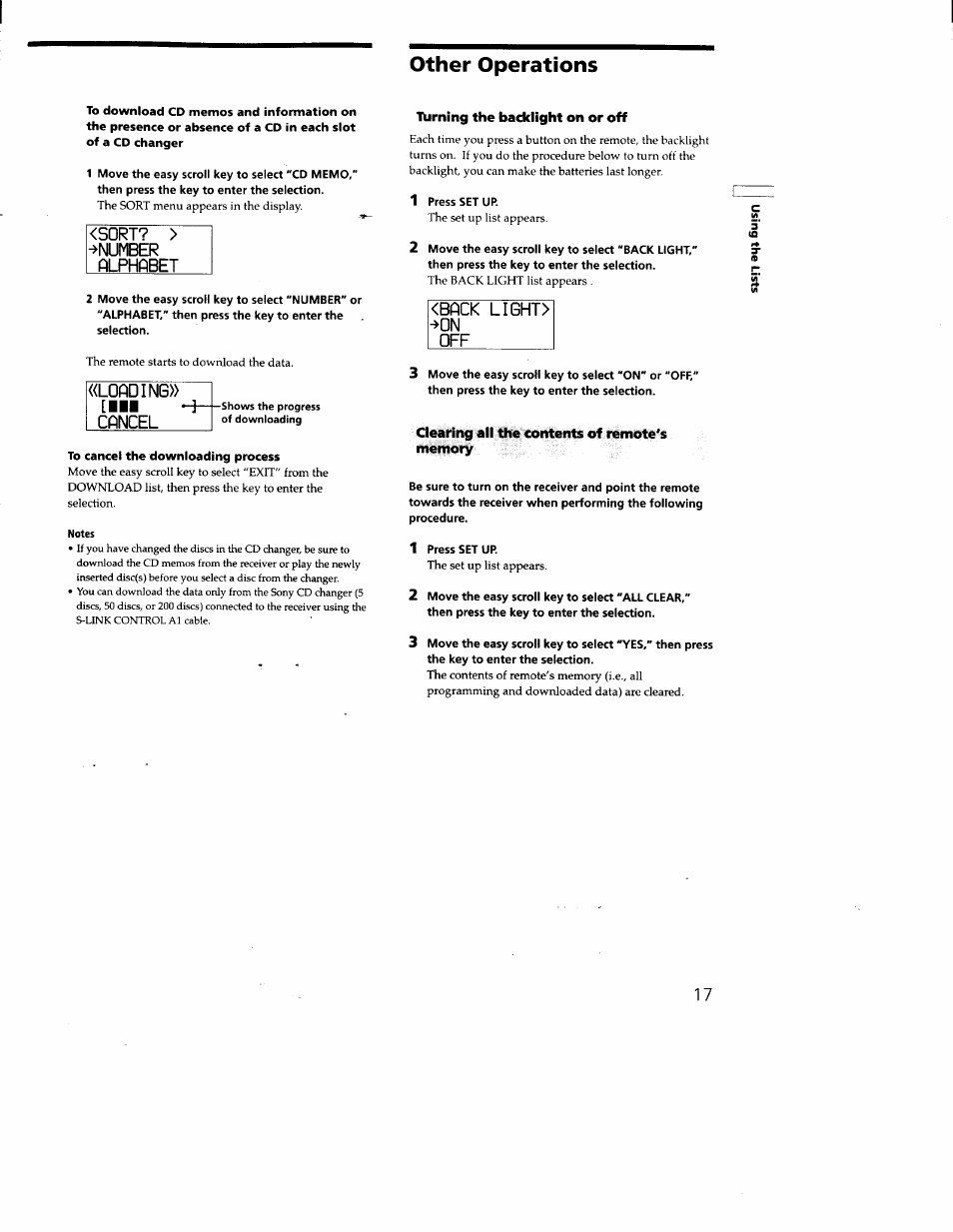 Other operations, Liirning the backlight on or off, Clearing all the contents of remote's memory | S0rt? > ^number alphabet, Cancel, Loading» [iii | Sony RM-LJ301 User Manual | Page 17 / 19