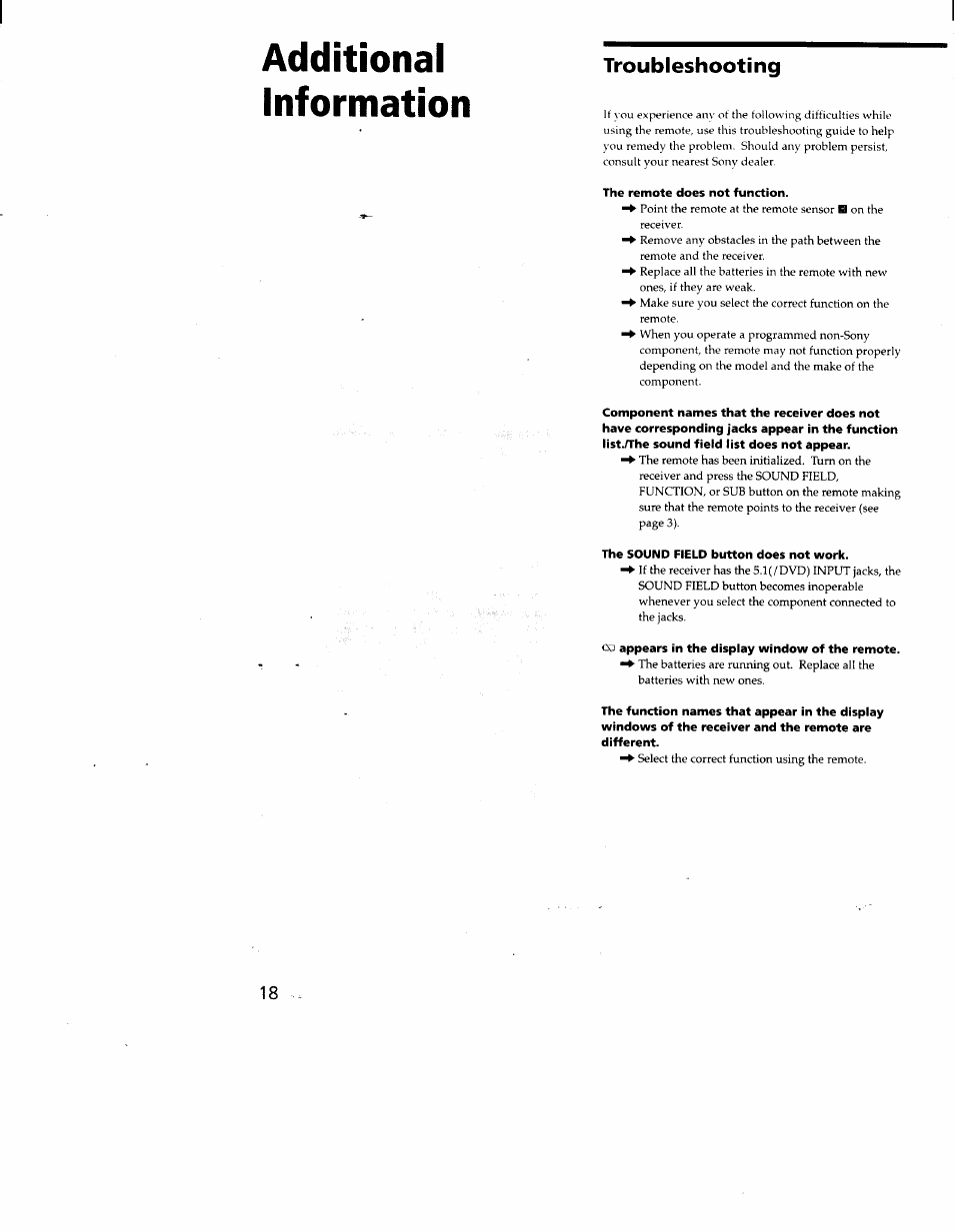 Troubleshooting, The remote does not function, The sound field button does not work | Xi appears in the display window of the remote, Additional information | Sony RM-LJ301 User Manual | Page 18 / 19