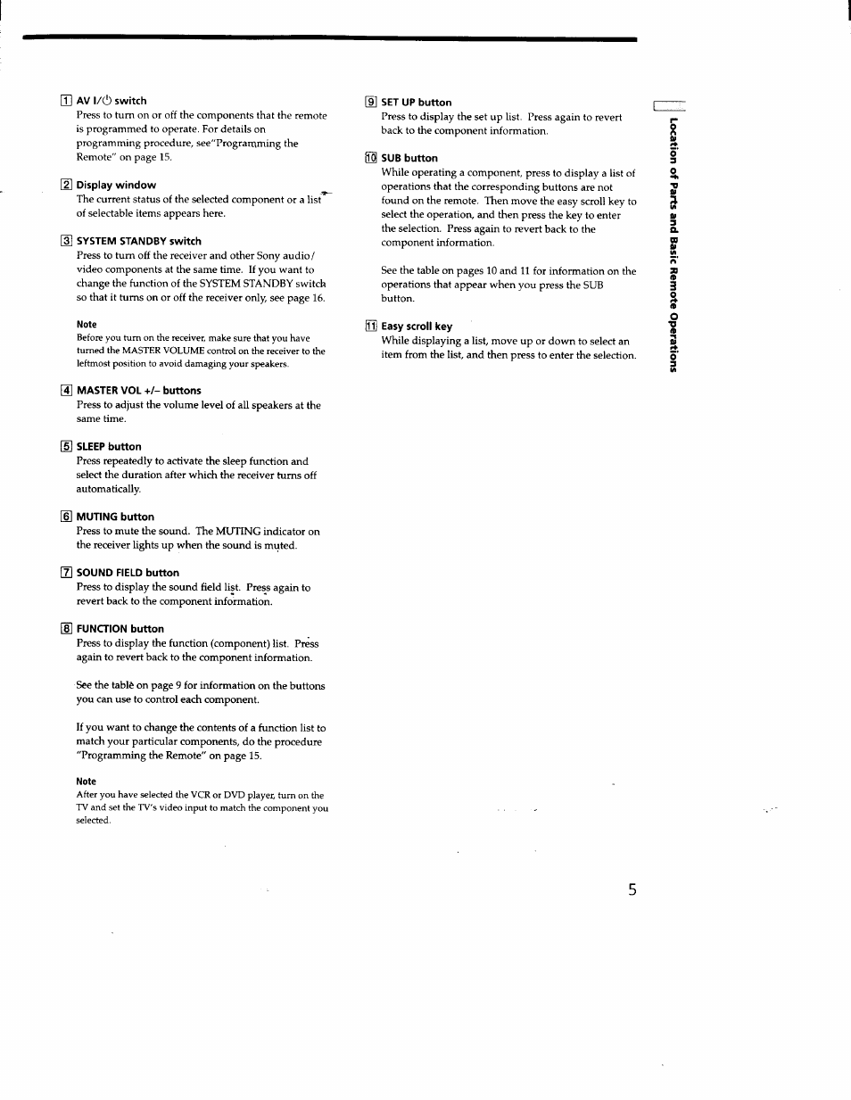 Q] av 1/(1) switch, 2] display window, 3] system standby switch | Note, S set up button, M sub button, 031 easy scroll key, G] master vol +/- buttons, 5] sleep button, 6] muting button | Sony RM-LJ301 User Manual | Page 5 / 19