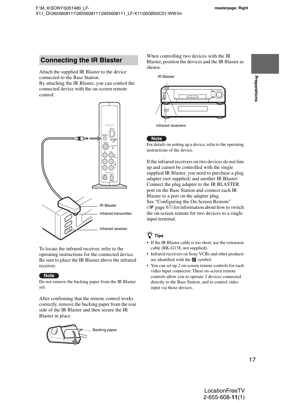 Connecting the ir blaster | Sony LF-X11 User Manual | Page 17 / 96