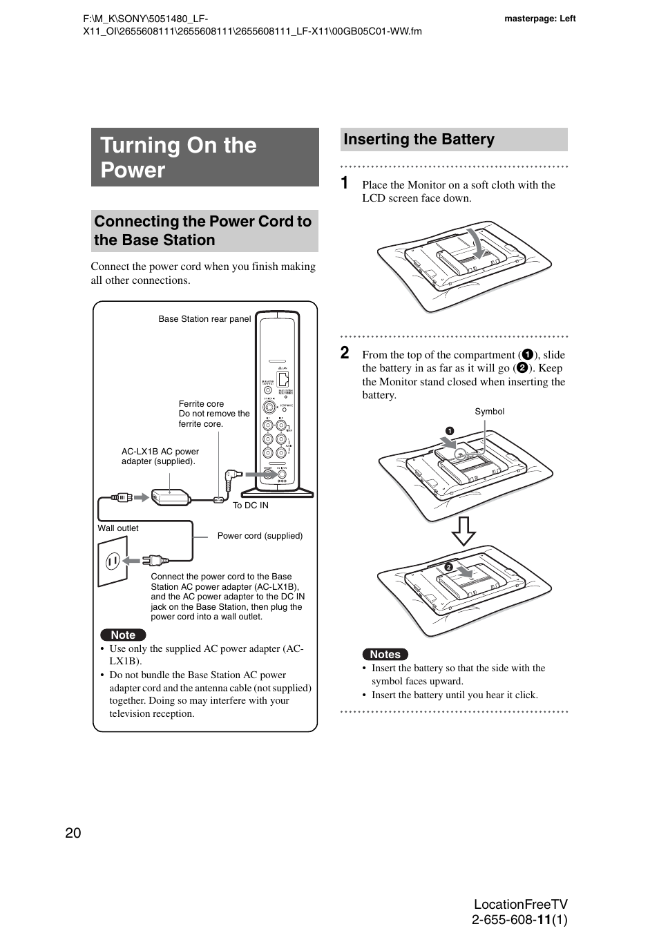 Turning on the power, Connecting the power cord to the base station, Inserting the battery | Sony LF-X11 User Manual | Page 20 / 96