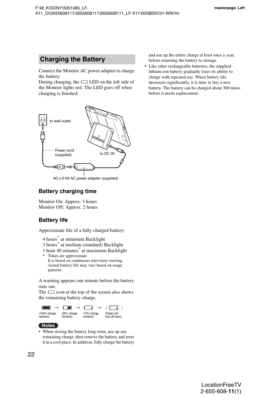 Charging the battery, Battery charging time, Battery life | Sony LF-X11 User Manual | Page 22 / 96