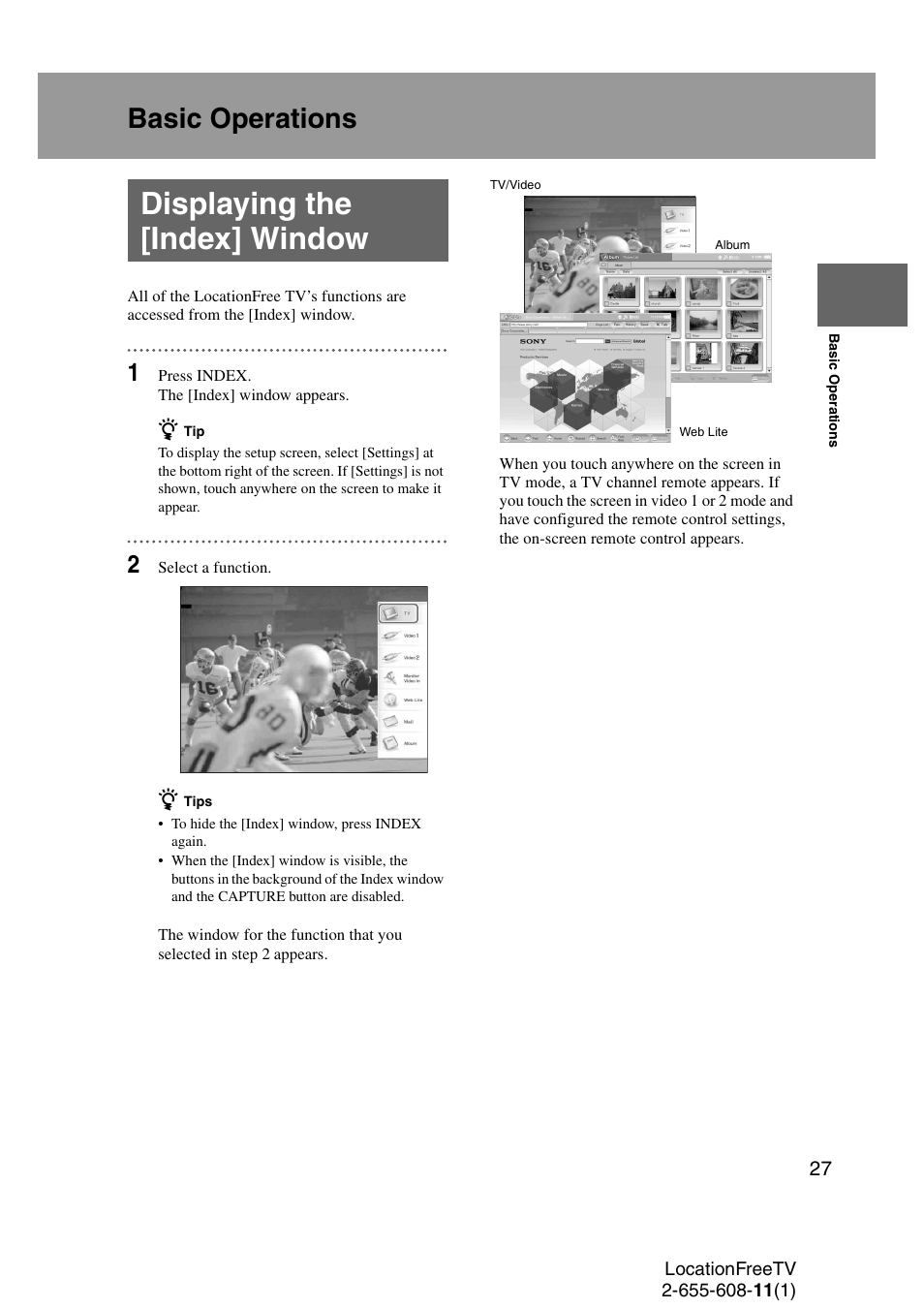 Basic operations, Displaying the [index] window | Sony LF-X11 User Manual | Page 27 / 96