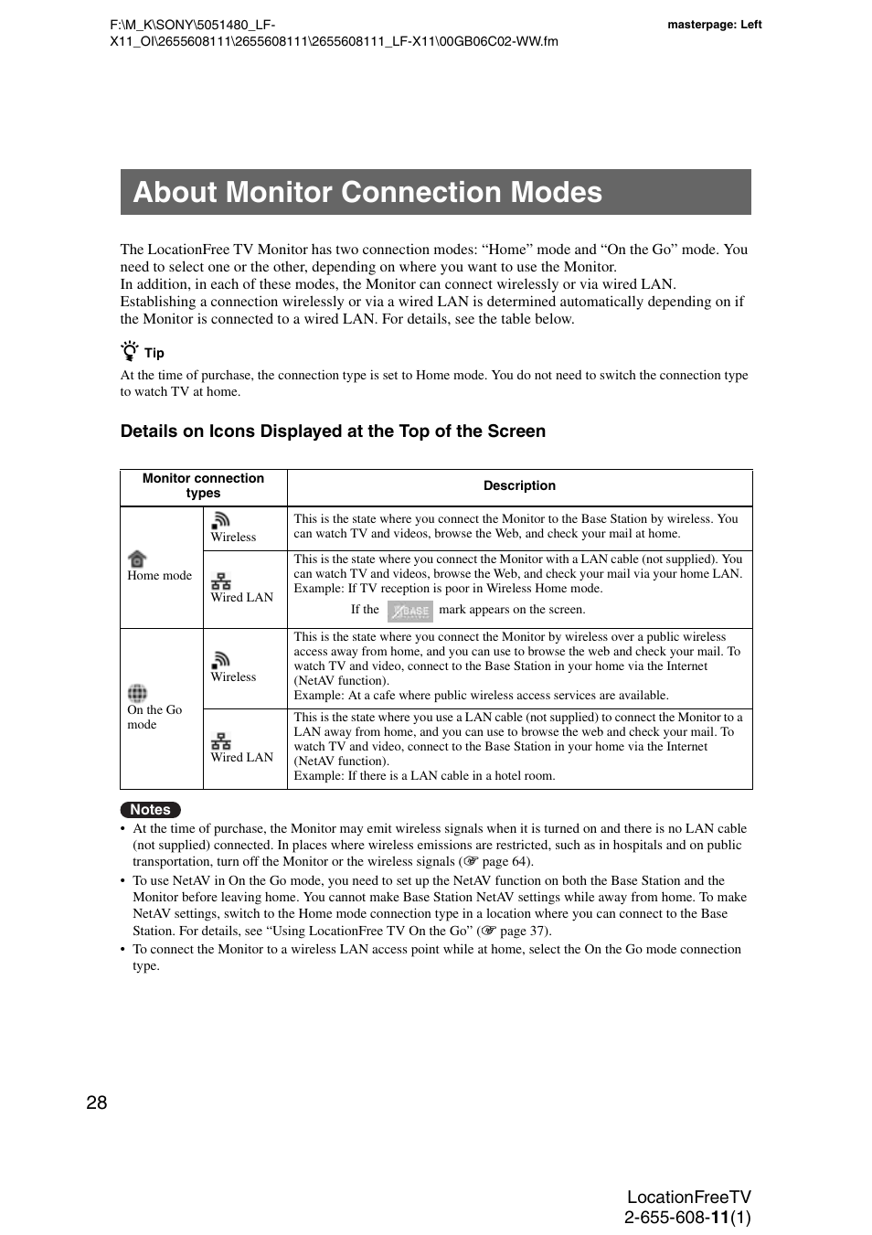 About monitor connection modes | Sony LF-X11 User Manual | Page 28 / 96