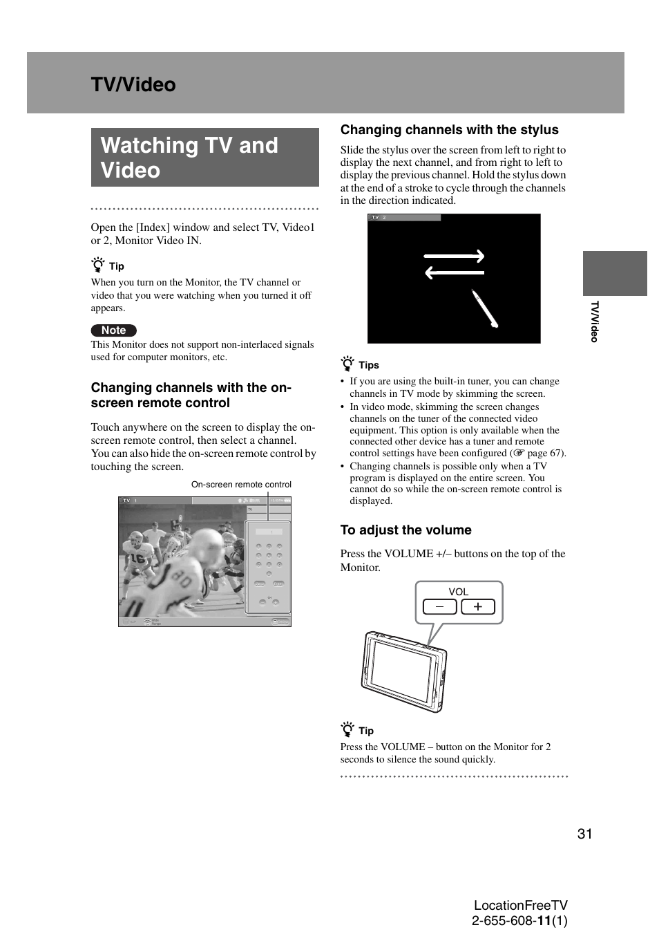 Tv/video, Watching tv and video | Sony LF-X11 User Manual | Page 31 / 96