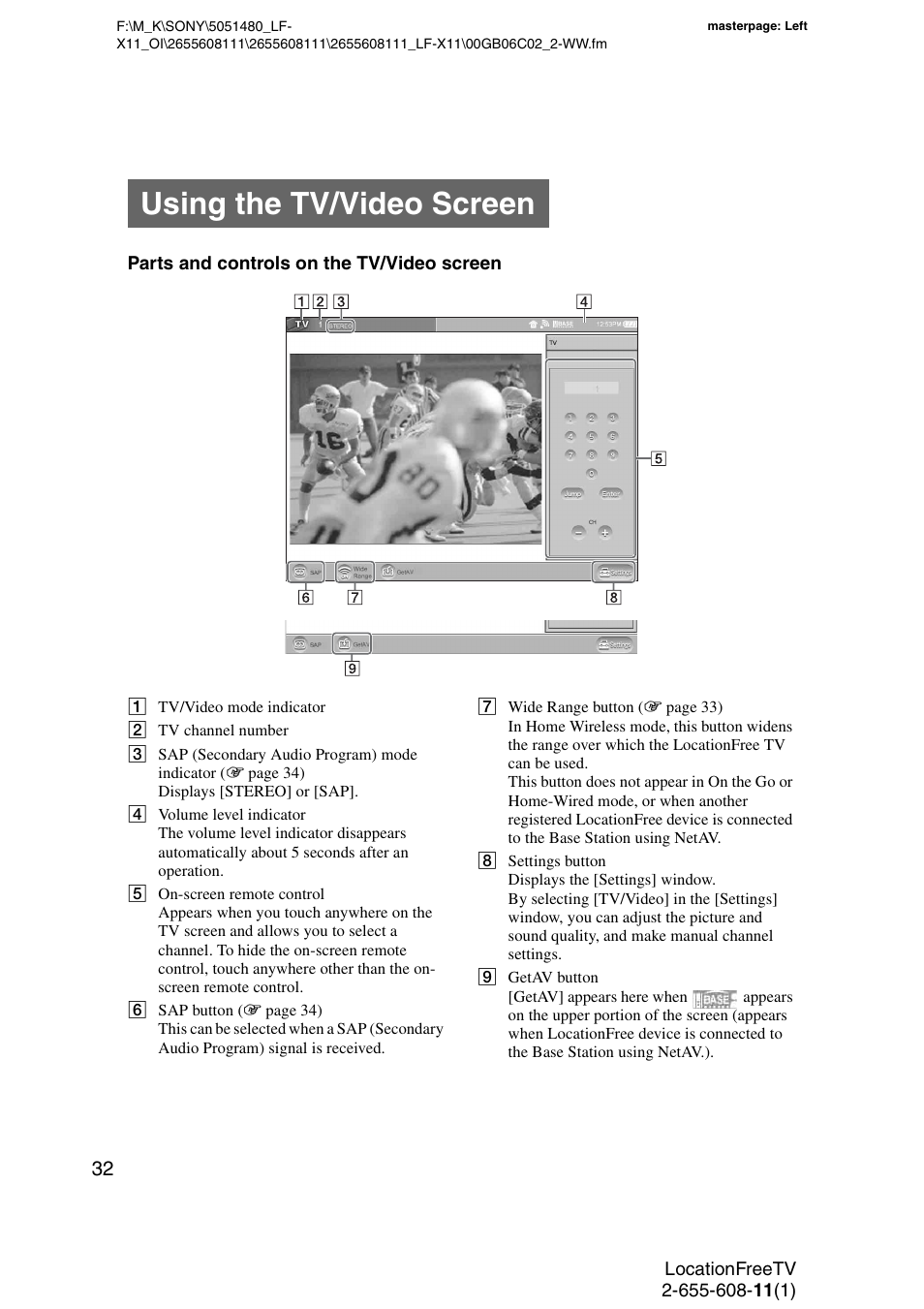 Using the tv/video screen | Sony LF-X11 User Manual | Page 32 / 96