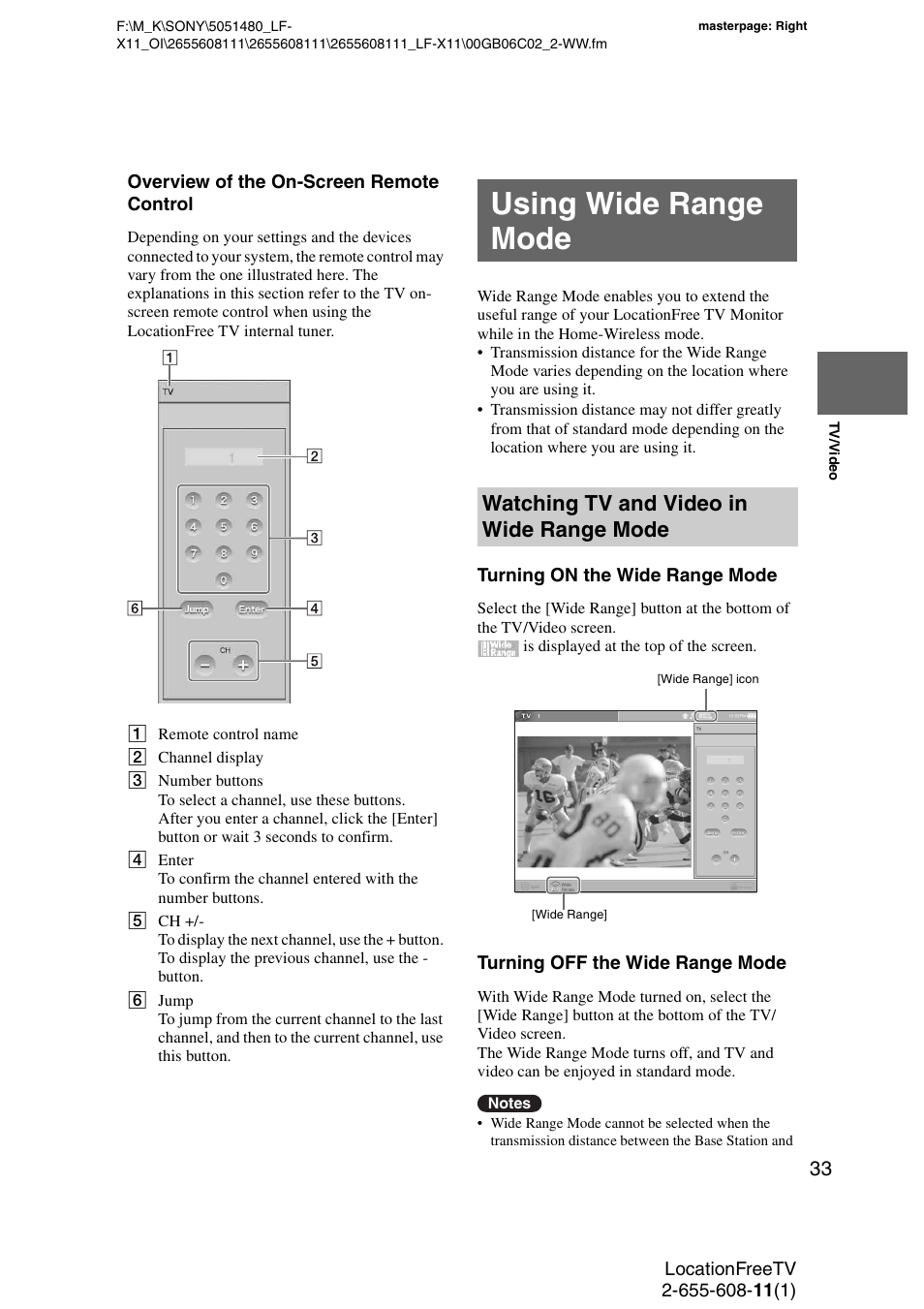 Using wide range mode, Watching tv and video in wide range mode | Sony LF-X11 User Manual | Page 33 / 96