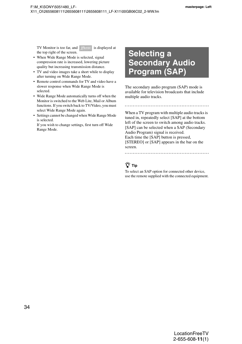 Selecting a secondary audio program (sap) | Sony LF-X11 User Manual | Page 34 / 96