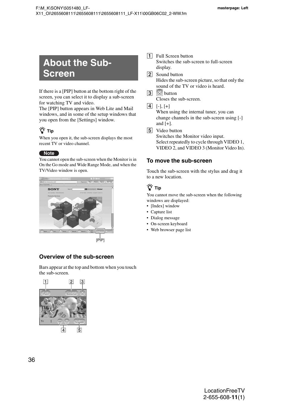 About the sub- screen, About the sub-screen | Sony LF-X11 User Manual | Page 36 / 96