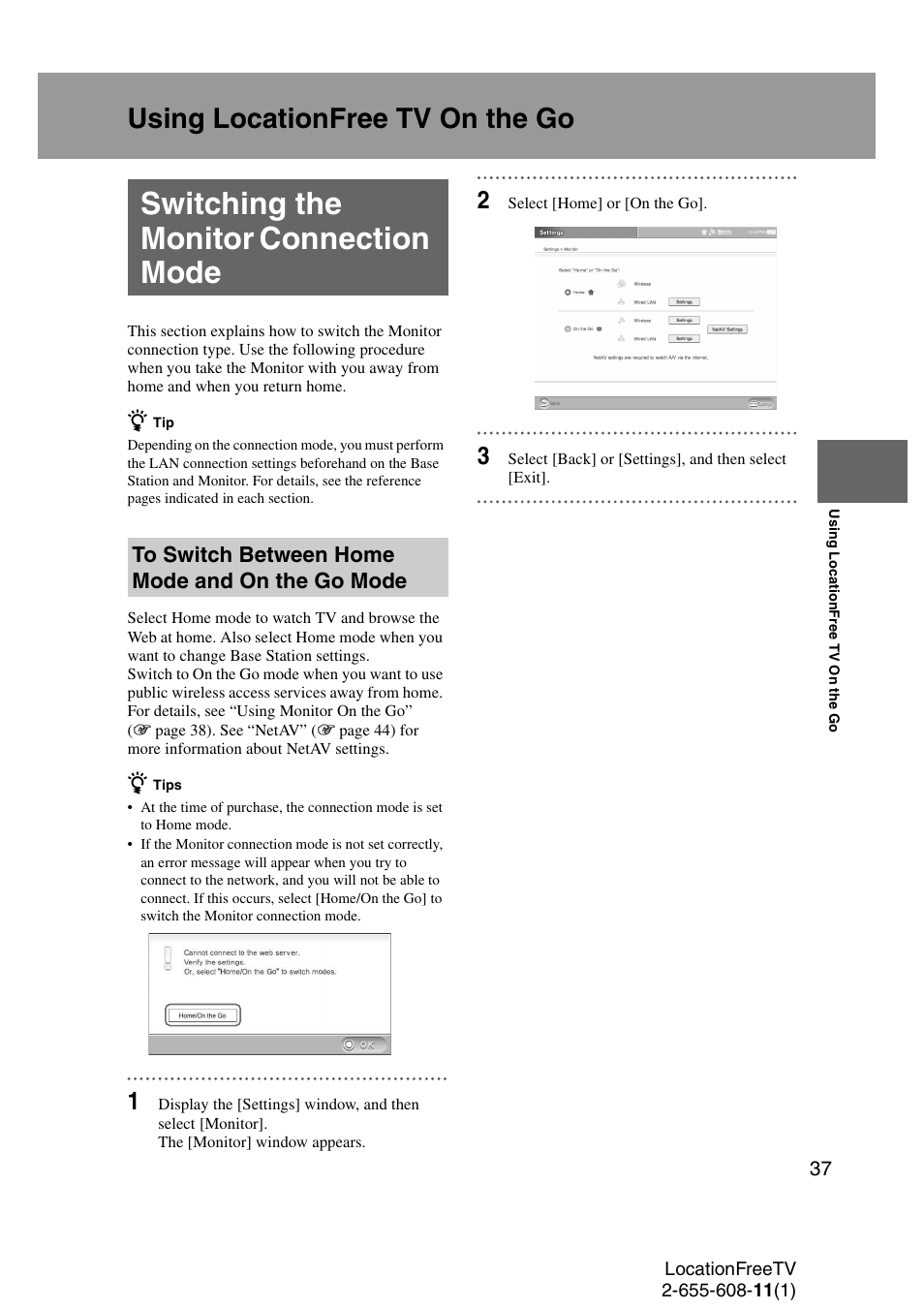 Using locationfree tv on the go, Switching the monitor connection mode, See “using locationfree tv on the go | Sony LF-X11 User Manual | Page 37 / 96