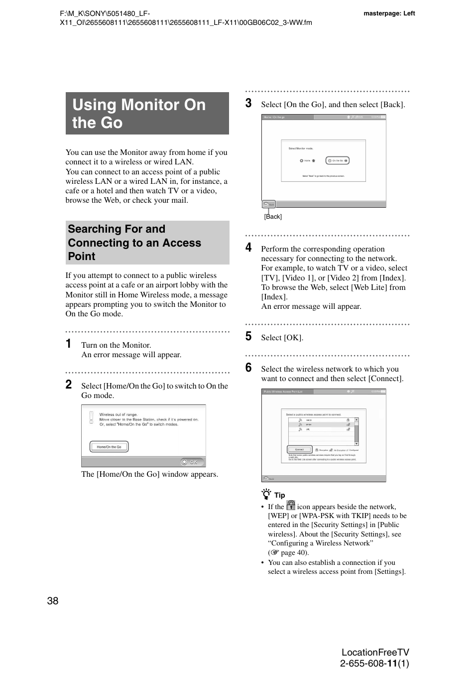 Using monitor on the go, Searching for and connecting to an access point | Sony LF-X11 User Manual | Page 38 / 96