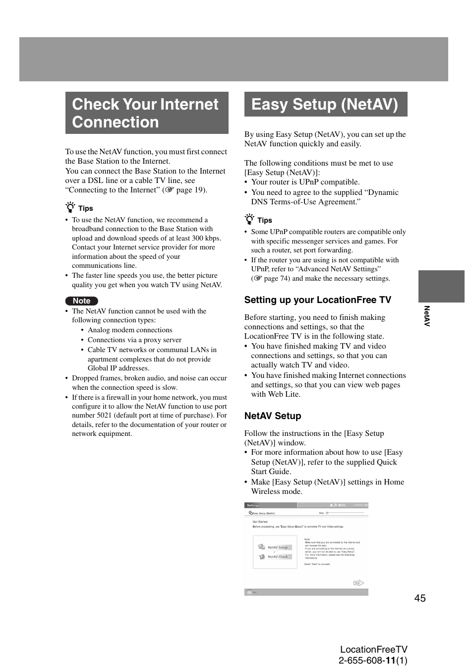 Check your internet connection, Easy setup (netav), Check your internet connection easy setup (netav) | Sony LF-X11 User Manual | Page 45 / 96