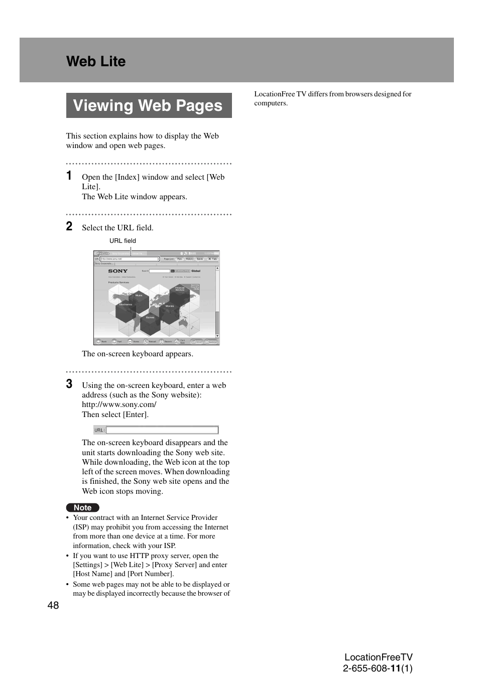 Web lite, Viewing web pages | Sony LF-X11 User Manual | Page 48 / 96