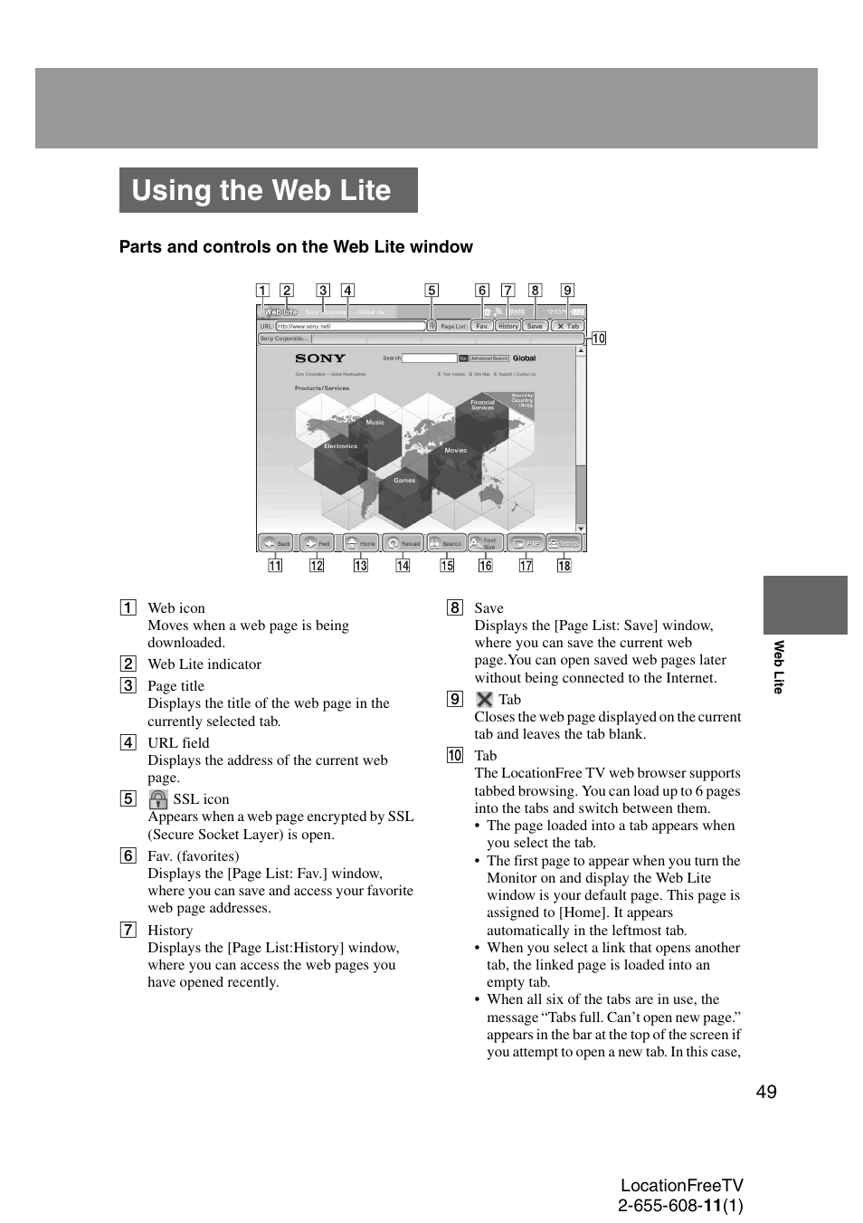 Using the web lite | Sony LF-X11 User Manual | Page 49 / 96