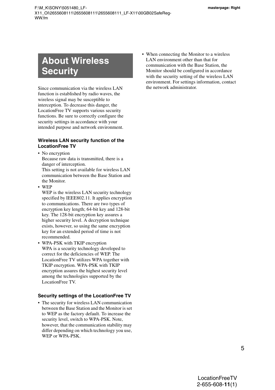 About wireless security | Sony LF-X11 User Manual | Page 5 / 96
