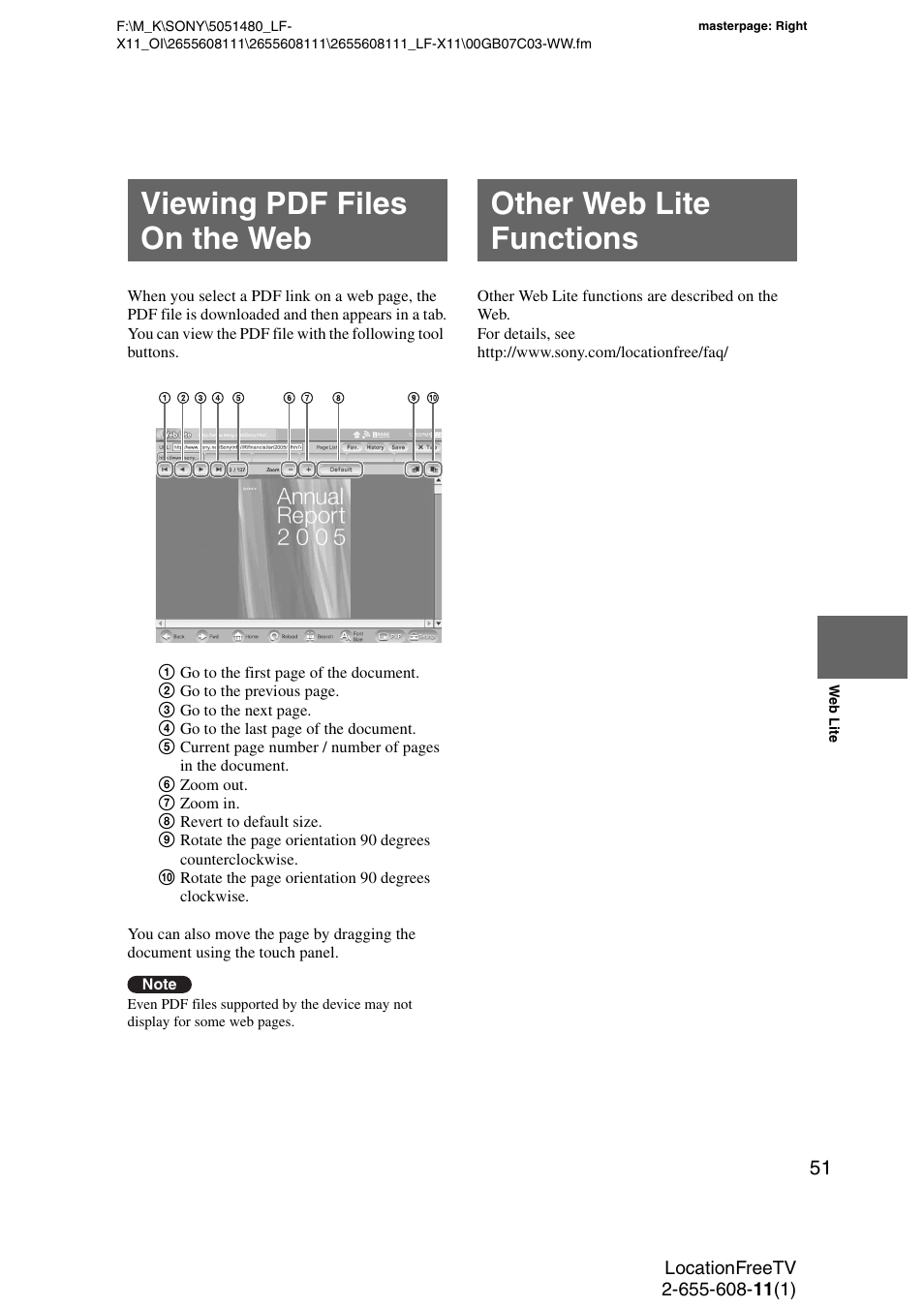 Viewing pdf files on the web, Other web lite functions | Sony LF-X11 User Manual | Page 51 / 96