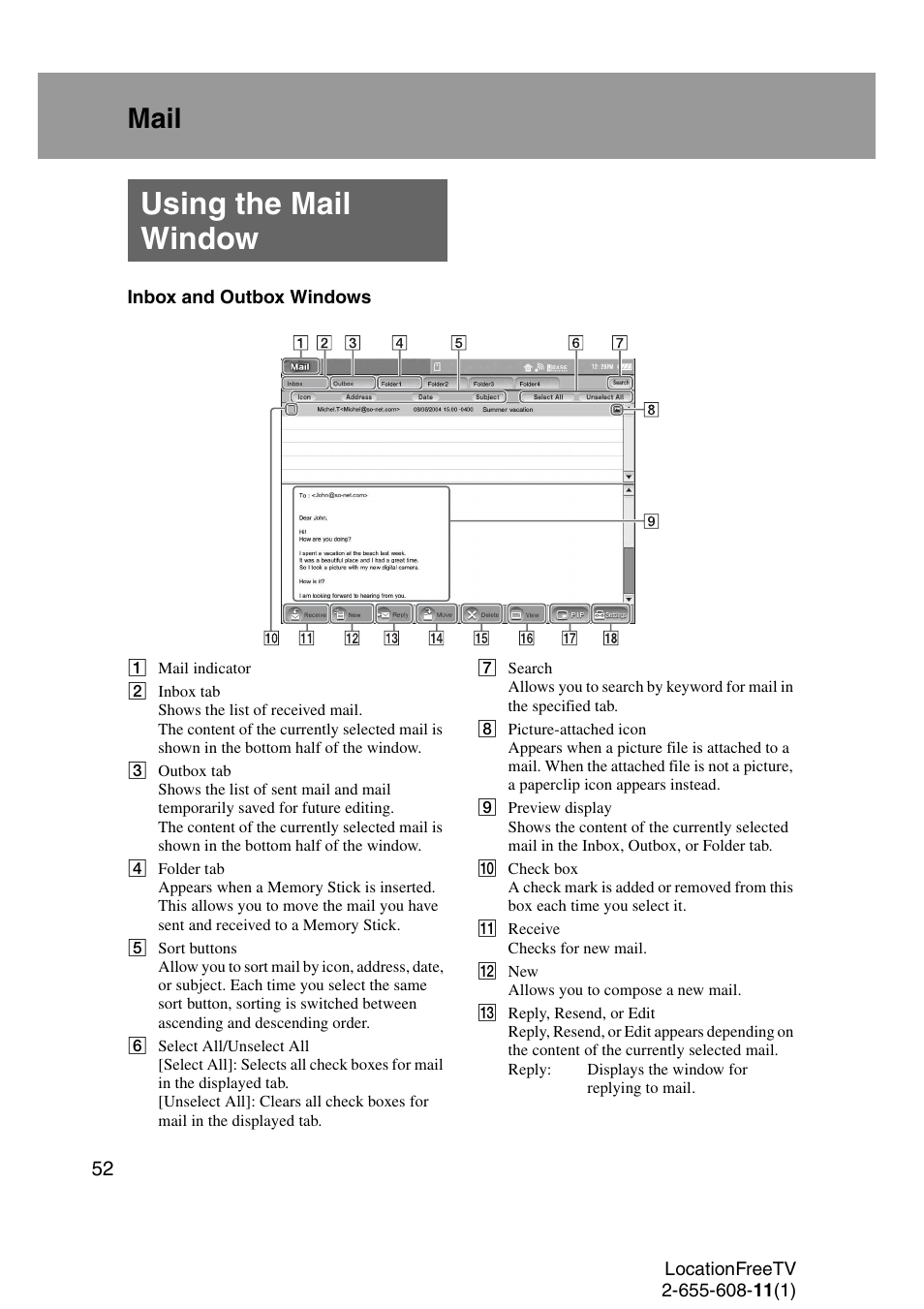Mail, Using the mail window | Sony LF-X11 User Manual | Page 52 / 96