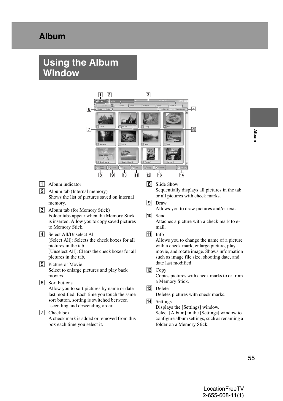 Album, Using the album window | Sony LF-X11 User Manual | Page 55 / 96