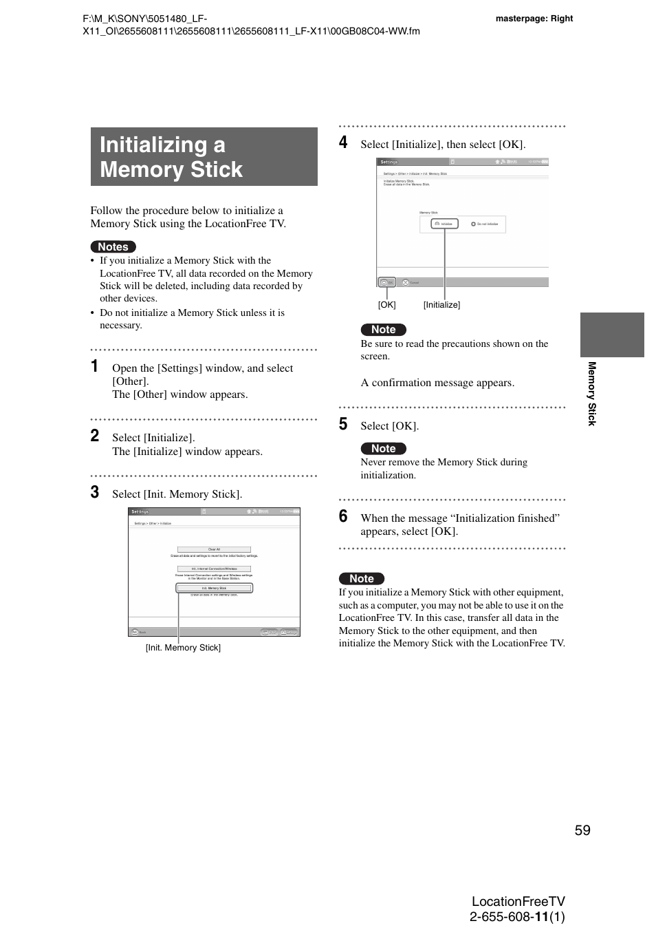 Initializing a memory stick | Sony LF-X11 User Manual | Page 59 / 96