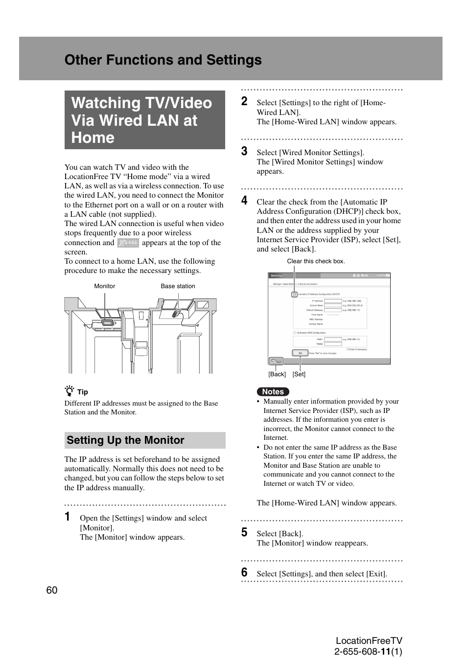 Other functions and settings, Watching tv/video via wired lan at home, Setting up the monitor | Sony LF-X11 User Manual | Page 60 / 96