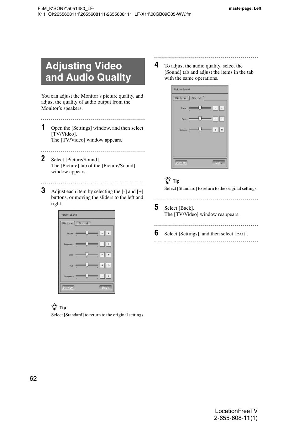 Adjusting video and audio quality | Sony LF-X11 User Manual | Page 62 / 96