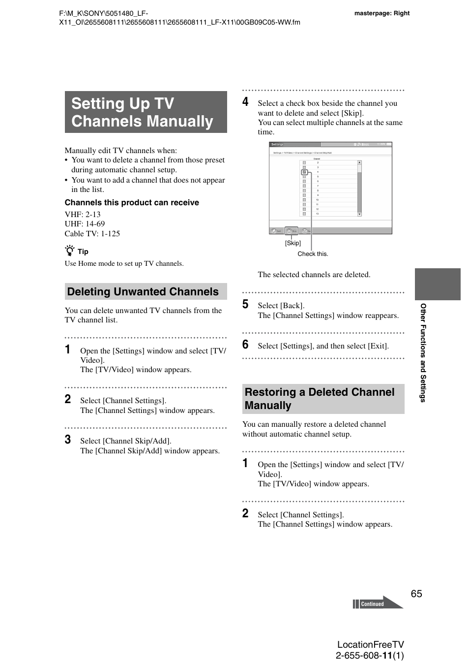 Setting up tv channels manually | Sony LF-X11 User Manual | Page 65 / 96