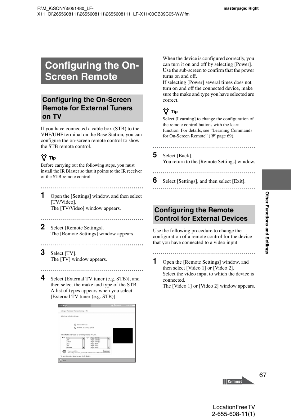 Configuring the on- screen remote, Configuring the on-screen remote, Ee “configuring the on-screen remote | Sony LF-X11 User Manual | Page 67 / 96