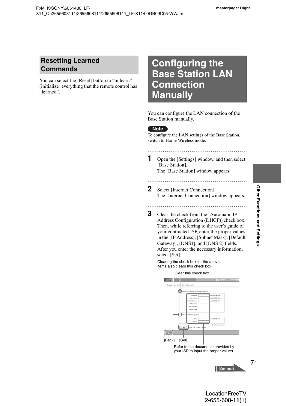 Resetting learned commands | Sony LF-X11 User Manual | Page 71 / 96