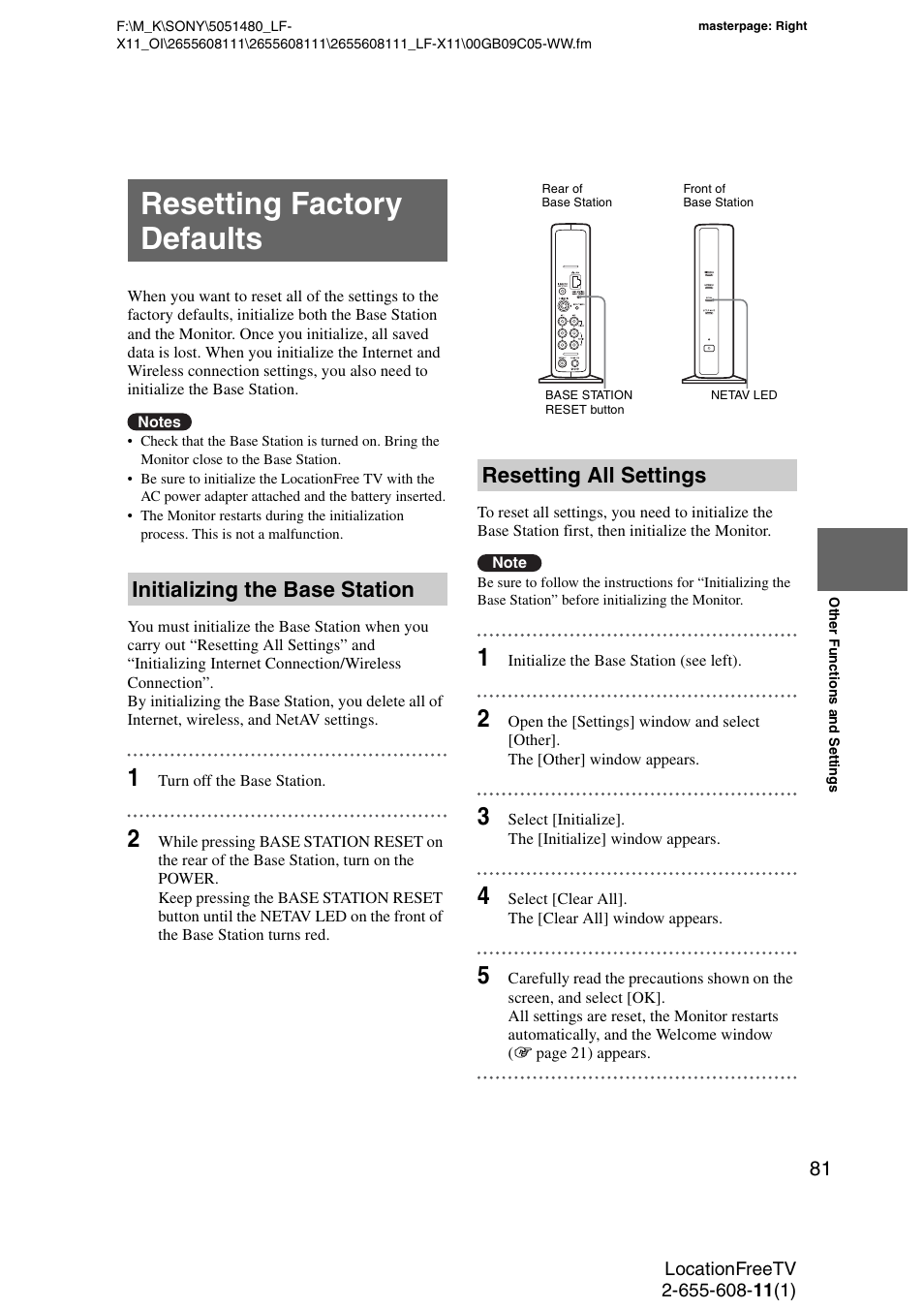 Resetting factory defaults | Sony LF-X11 User Manual | Page 81 / 96