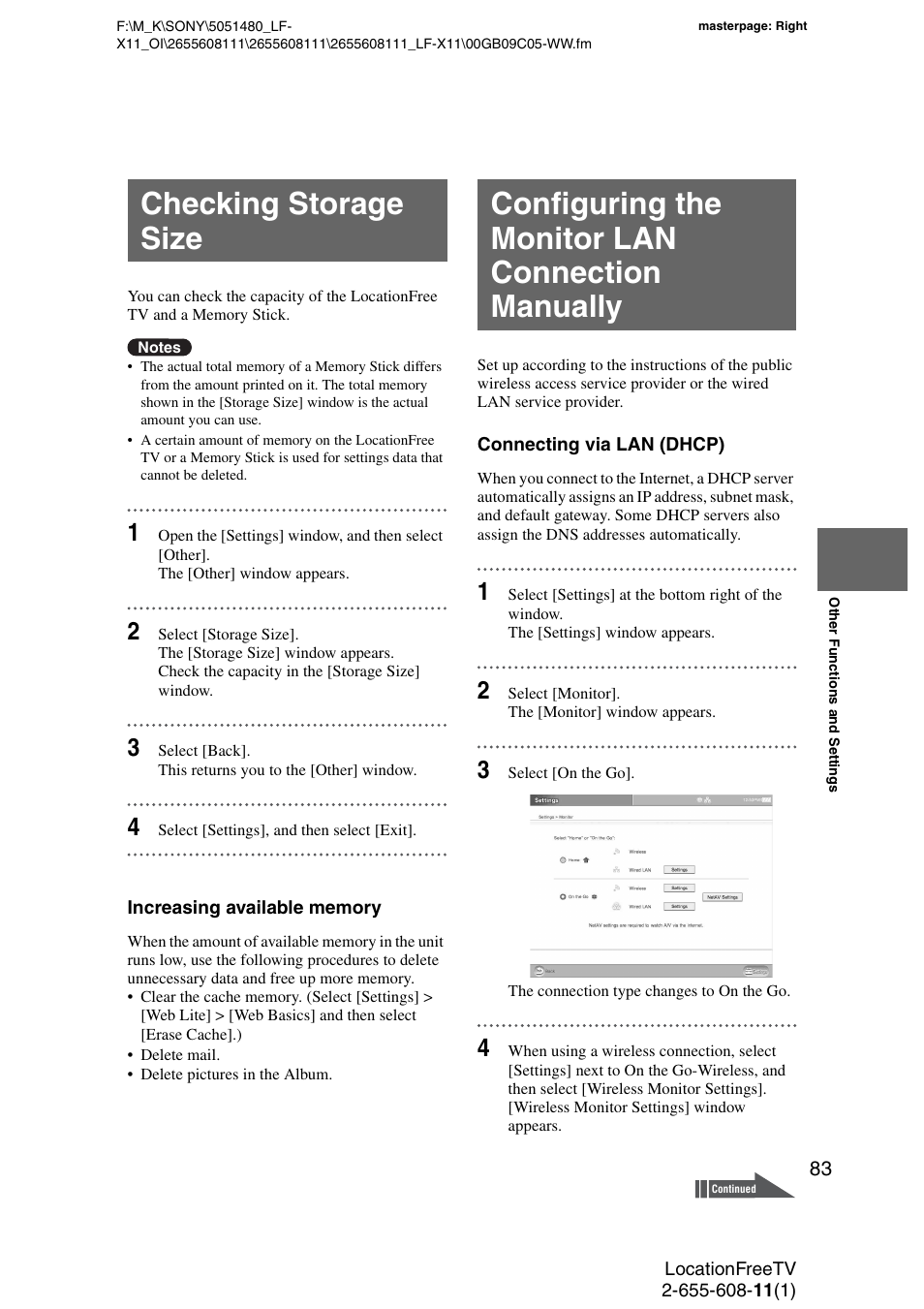 Checking storage size, Configuring the monitor lan connection manually, Connecting via lan (dhcp) | Sony LF-X11 User Manual | Page 83 / 96