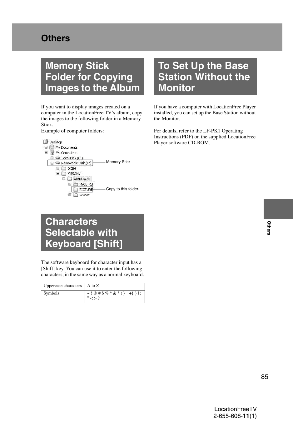 Others, Characters selectable with keyboard [shift, To set up the base station without the monitor | Sony LF-X11 User Manual | Page 85 / 96