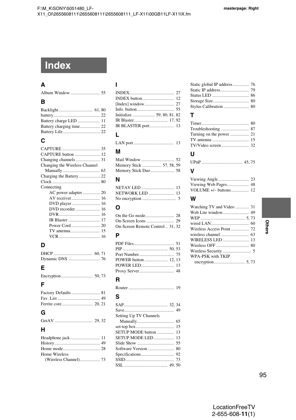 Index | Sony LF-X11 User Manual | Page 95 / 96